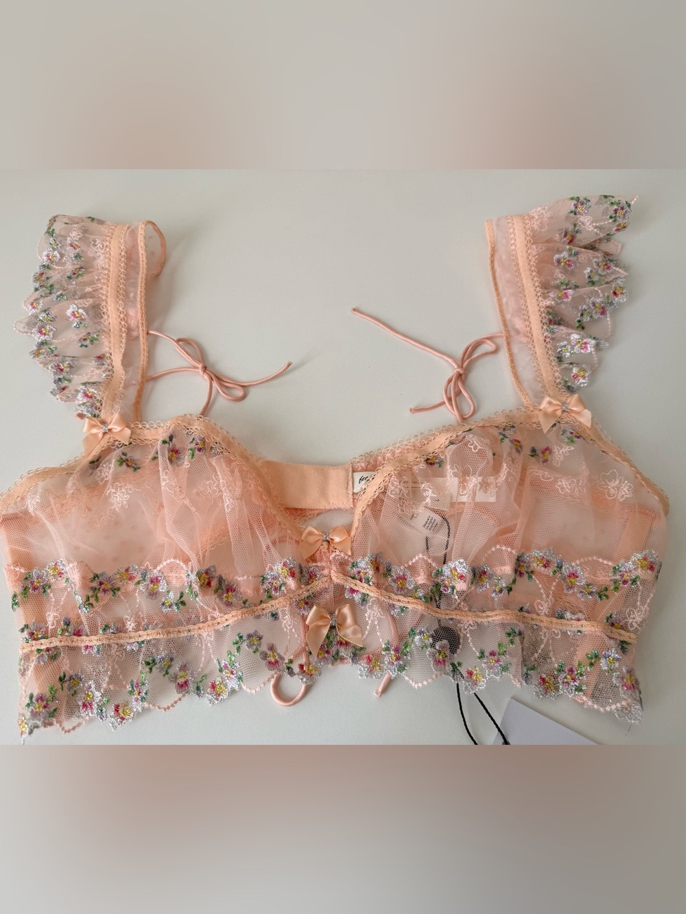 For Love and Lemons 🍋 Lacy Bra Bralette Embroidered Floral Lace Peach L NWT